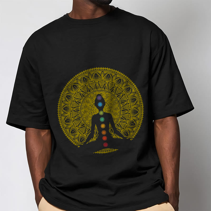 Buddha Stones Casual Colorful Chakra Symbols Golden Meditative Figure Pattern Cotton Tee T-shirt - image 1
