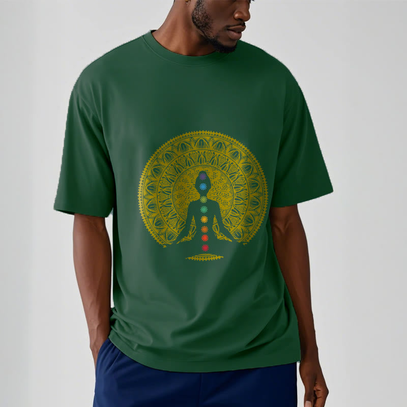 Buddha Stones Casual Colorful Chakra Symbols Golden Meditative Figure Pattern Cotton Tee T-shirt - image 11