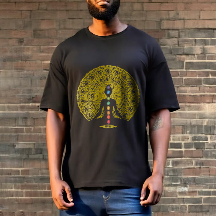 Buddha Stones Casual Colorful Chakra Symbols Golden Meditative Figure Pattern Cotton Tee T-shirt - image 2