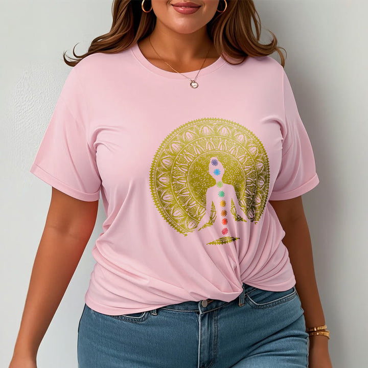 Buddha Stones Casual Colorful Chakra Symbols Golden Meditative Figure Pattern Cotton Tee T-shirt - image 13