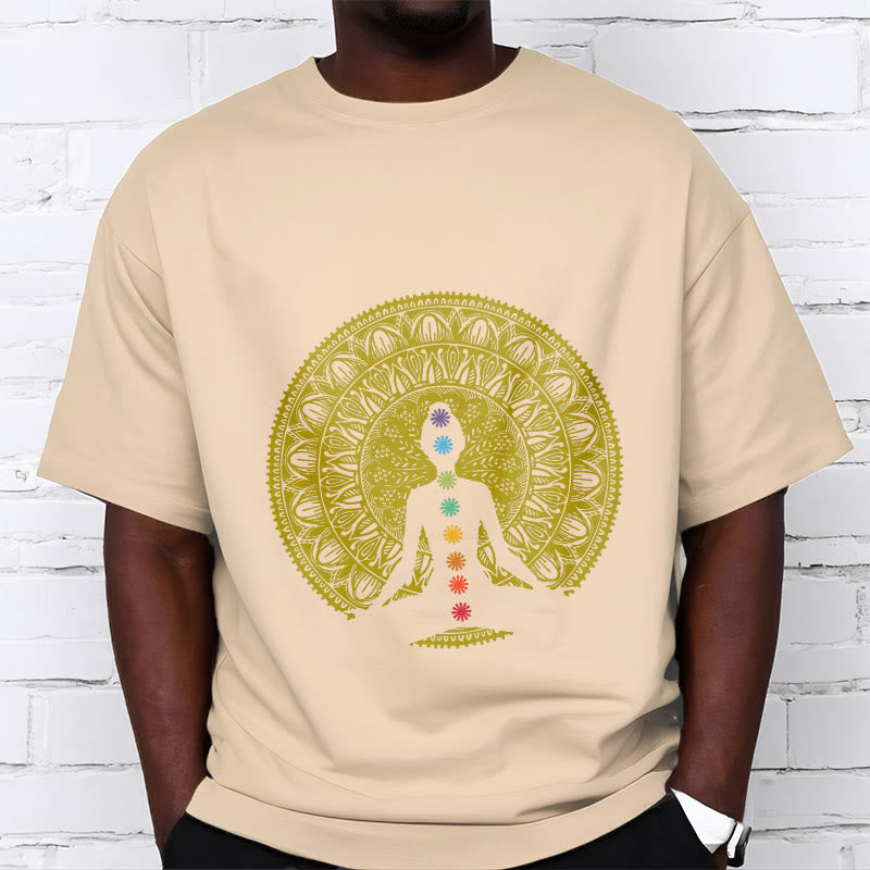 Buddha Stones Casual Colorful Chakra Symbols Golden Meditative Figure Pattern Cotton Tee T-shirt - image 9