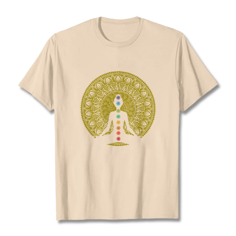 Buddha Stones Casual Colorful Chakra Symbols Golden Meditative Figure Pattern Cotton Tee T-shirt - Bisque - 2XL - image 8