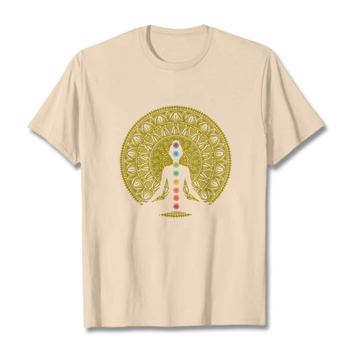 Buddha Stones Casual Colorful Chakra Symbols Golden Meditative Figure Pattern Cotton Tee T-shirt - Bisque - 2XL - image 8
