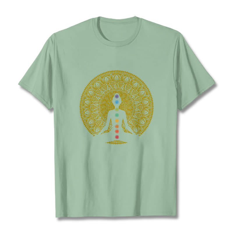 Buddha Stones Casual Colorful Chakra Symbols Golden Meditative Figure Pattern Cotton Tee T-shirt - PaleGreen - 2XL - image 14