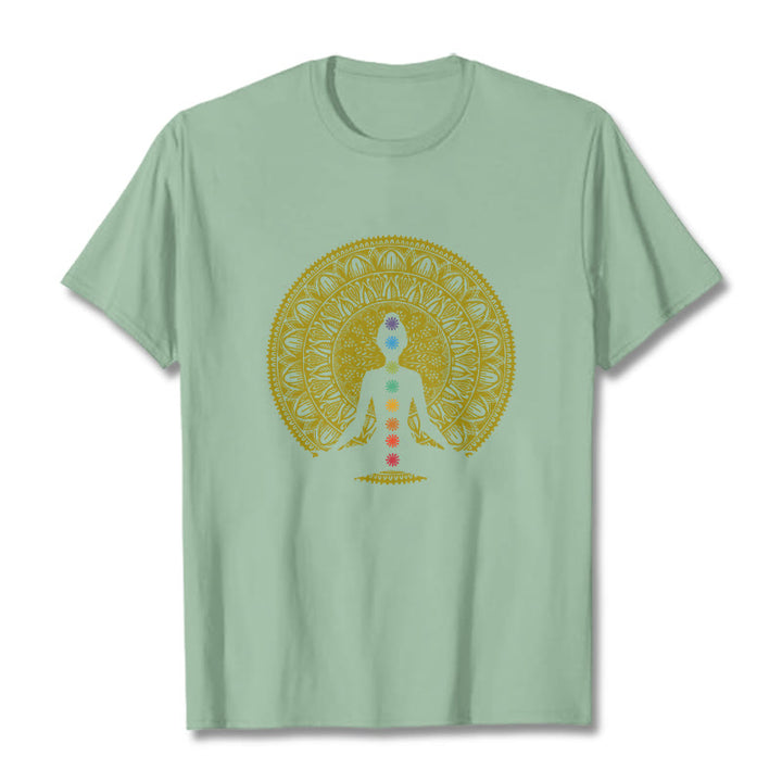 Buddha Stones Casual Colorful Chakra Symbols Golden Meditative Figure Pattern Cotton Tee T-shirt - PaleGreen - 2XL - image 14