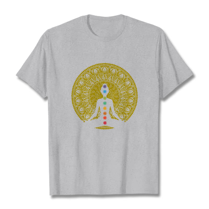 Buddha Stones Casual Colorful Chakra Symbols Golden Meditative Figure Pattern Cotton Tee T-shirt - LightGrey - 2XL - image 19