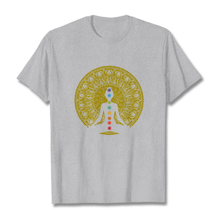 Buddha Stones Casual Colorful Chakra Symbols Golden Meditative Figure Pattern Cotton Tee T-shirt - LightGrey - 2XL - image 19