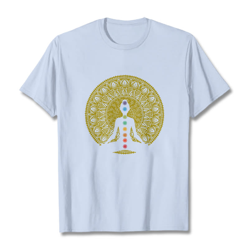 Buddha Stones Casual Colorful Chakra Symbols Golden Meditative Figure Pattern Cotton Tee T-shirt - LightCyan - 2XL - image 18
