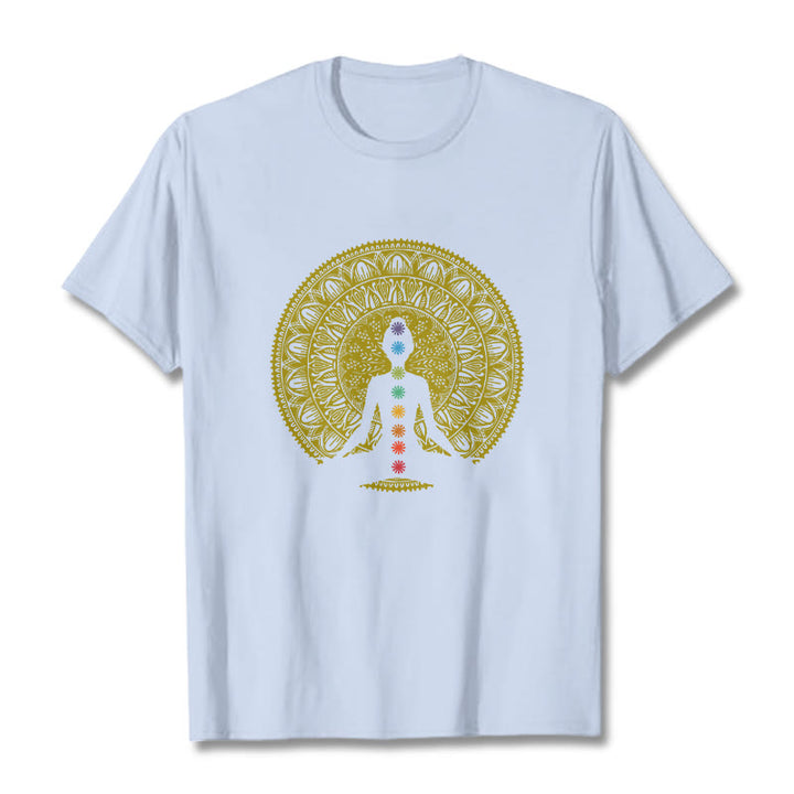Buddha Stones Casual Colorful Chakra Symbols Golden Meditative Figure Pattern Cotton Tee T-shirt - LightCyan - 2XL - image 18