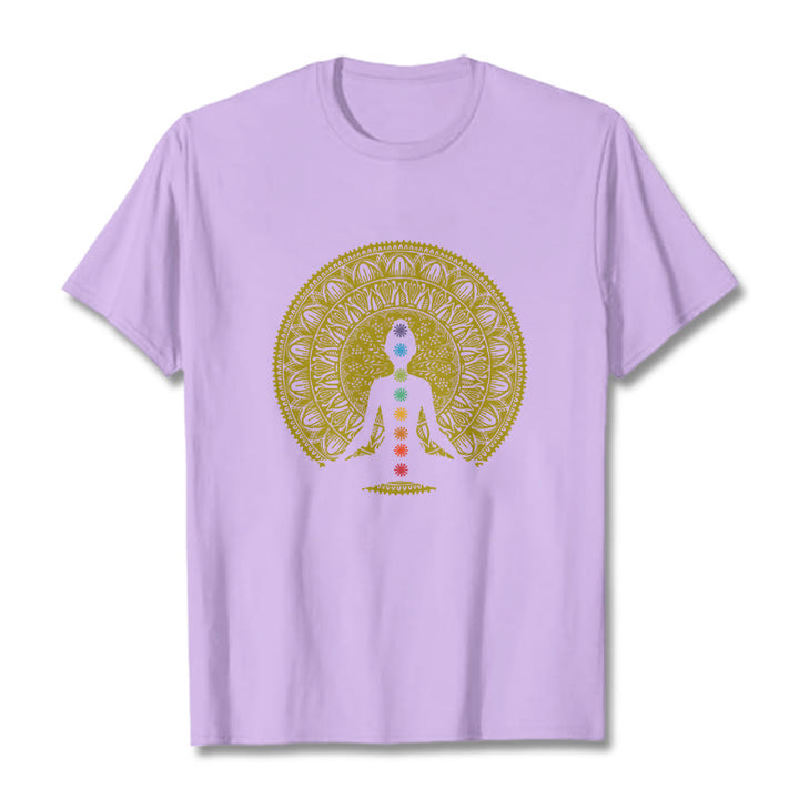 Buddha Stones Casual Colorful Chakra Symbols Golden Meditative Figure Pattern Cotton Tee T-shirt - Plum - 2XL - image 16