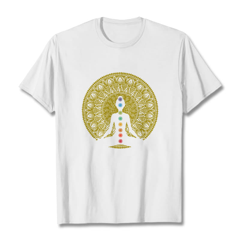 Buddha Stones Casual Colorful Chakra Symbols Golden Meditative Figure Pattern Cotton Tee T-shirt - White - 2XL - image 5