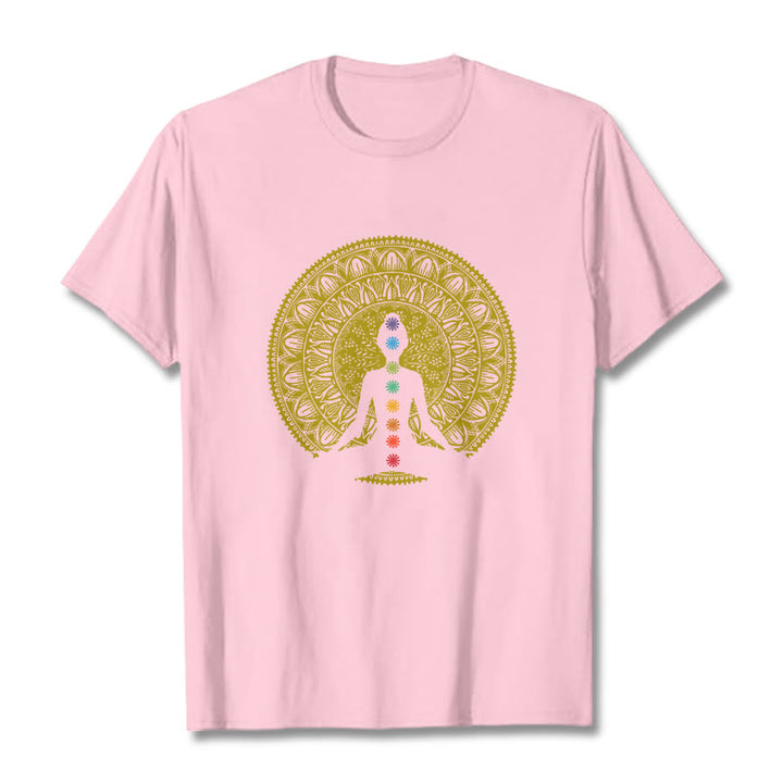 Buddha Stones Casual Colorful Chakra Symbols Golden Meditative Figure Pattern Cotton Tee T-shirt - LightPink - 2XL - image 12