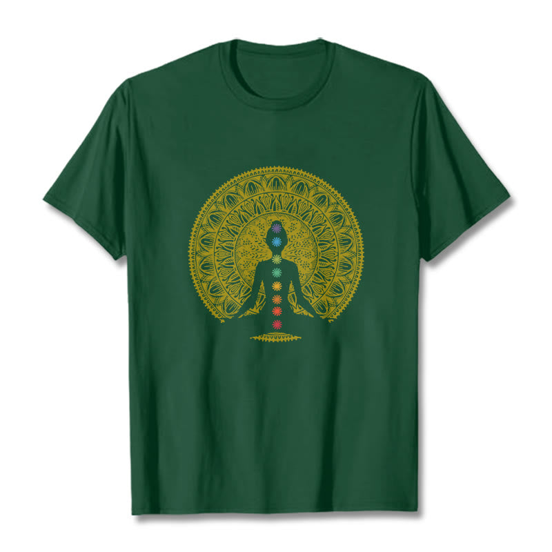 Buddha Stones Casual Colorful Chakra Symbols Golden Meditative Figure Pattern Cotton Tee T-shirt - ForestGreen - 2XL - image 10