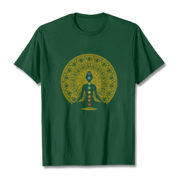 Buddha Stones Casual Colorful Chakra Symbols Golden Meditative Figure Pattern Cotton Tee T-shirt - ForestGreen - 2XL - image 10