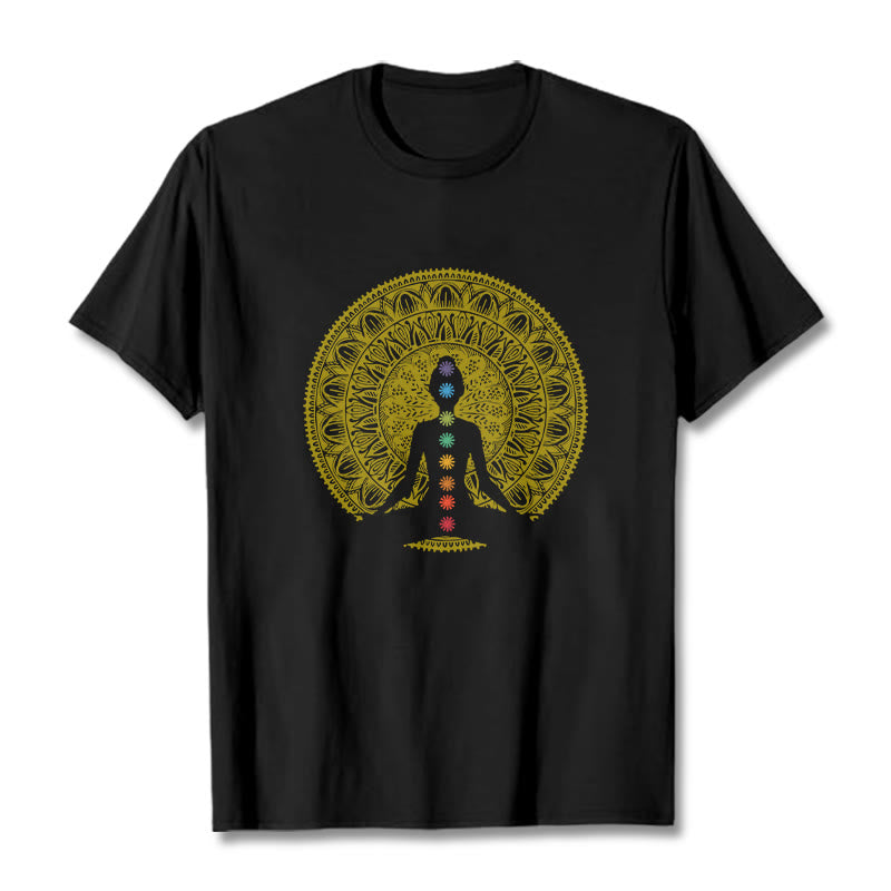 Buddha Stones Casual Colorful Chakra Symbols Golden Meditative Figure Pattern Cotton Tee T-shirt - Black - 2XL - image 0