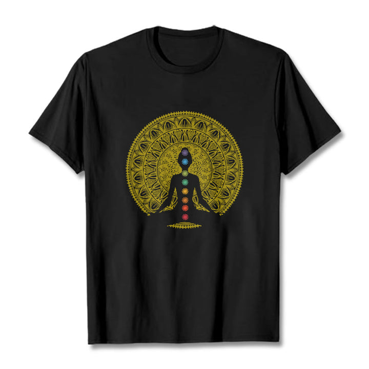 Buddha Stones Casual Colorful Chakra Symbols Golden Meditative Figure Pattern Cotton Tee T-shirt - Black - 2XL - image 0