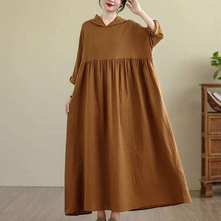 Buddha Stones Fall Hoodie Design Long Sleeve Cotton Linen Midi Dress With Pockets - image 2