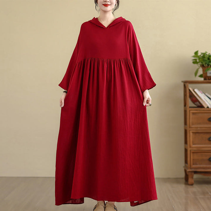 Buddha Stones Fall Hoodie Design Long Sleeve Cotton Linen Midi Dress With Pockets - Red - US4-8/10，UK/AU8-12/14，EU36-40/42(F) - image 14