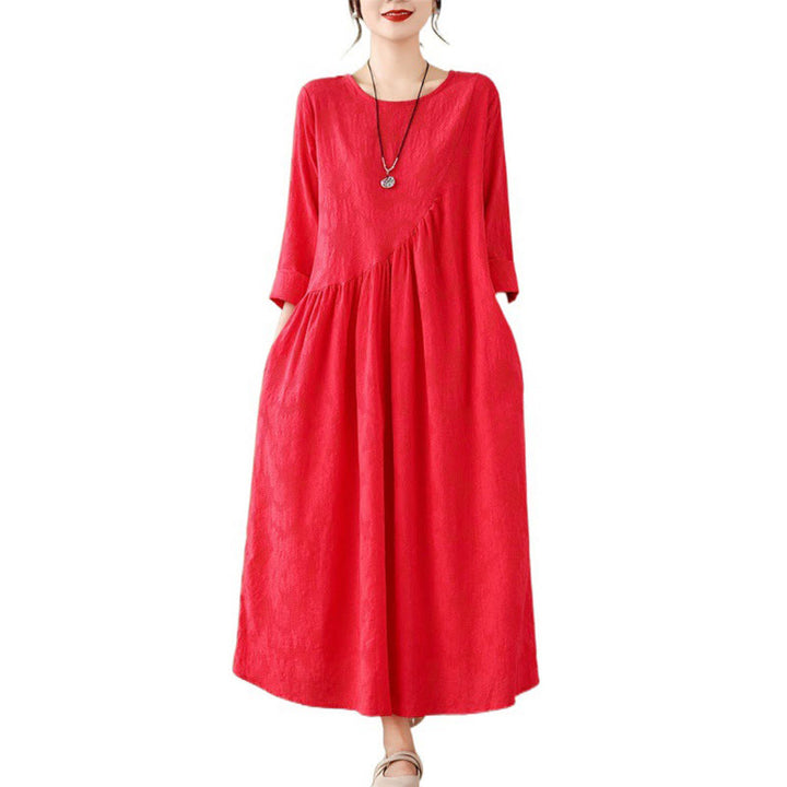 Buddha Stones Plain Jacquard Flower Irregular Long Sleeve Cotton Linen Midi Dress With Pockets - image 16