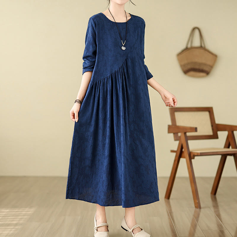 Buddha Stones Plain Jacquard Flower Irregular Long Sleeve Cotton Linen Midi Dress With Pockets - MidnightBlue - US8-10，UK/AU12-14，EU40-42 (2XL) - image 0