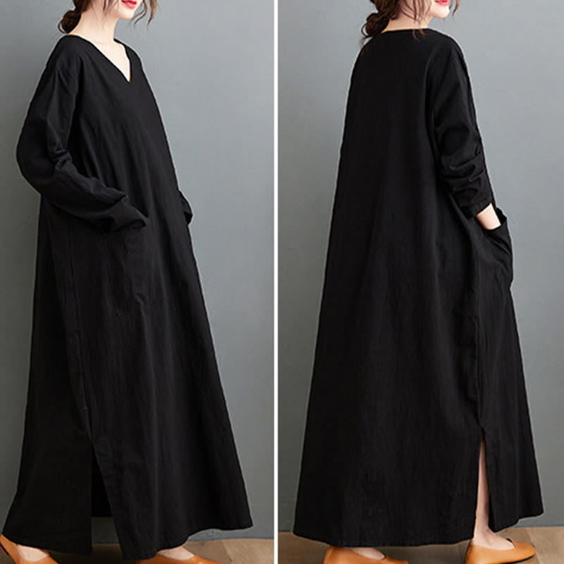 Buddha Stones Fall Casual Simple Design Long Sleeve Cotton Linen Maxi Dress With Pockets - image 14