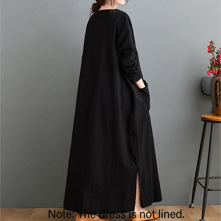 Buddha Stones Fall Casual Simple Design Long Sleeve Cotton Linen Maxi Dress With Pockets - image 6