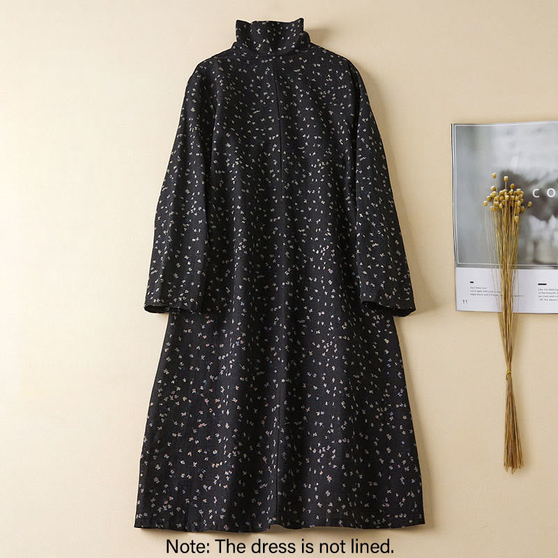 Buddha Stones Printing Buttons Lace Lapel Design Cotton Linen Long Sleeve Midi Dress With Pockets - image 1