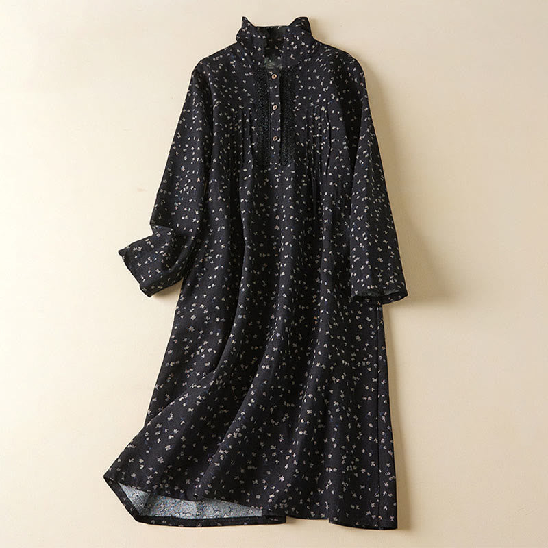 Buddha Stones Printing Buttons Lace Lapel Design Cotton Linen Long Sleeve Midi Dress With Pockets - Black - US8-10，UK/AU12-14，EU40-42 (2XL) - image 0