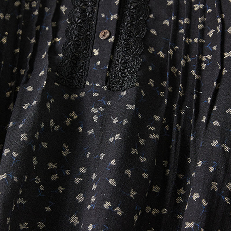 Buddha Stones Printing Buttons Lace Lapel Design Cotton Linen Long Sleeve Midi Dress With Pockets - image 8