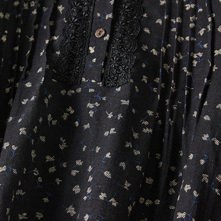 Buddha Stones Printing Buttons Lace Lapel Design Cotton Linen Long Sleeve Midi Dress With Pockets - image 8