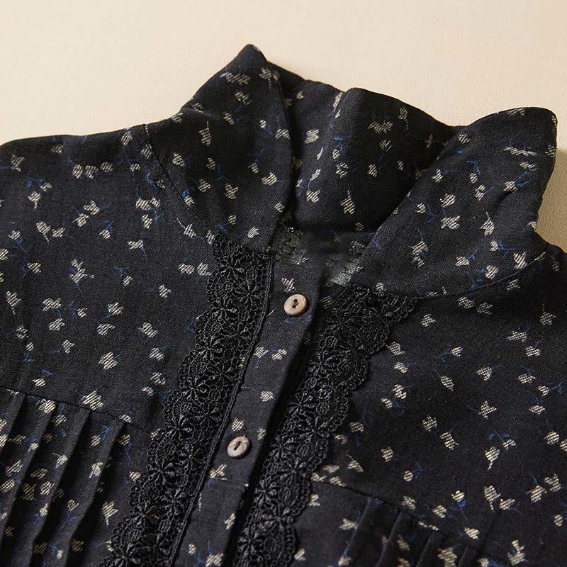 Buddha Stones Printing Buttons Lace Lapel Design Cotton Linen Long Sleeve Midi Dress With Pockets - image 2