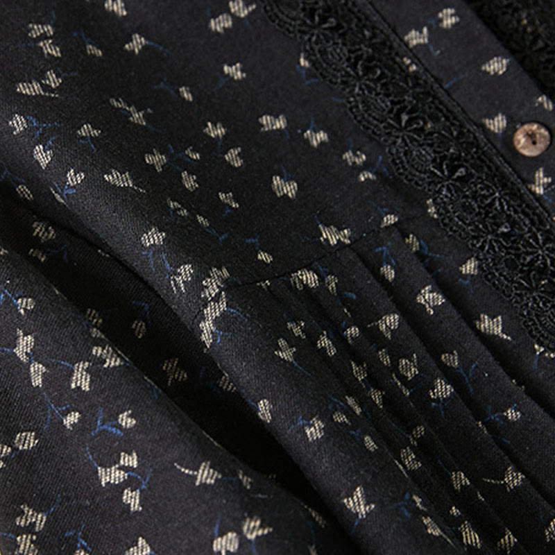 Buddha Stones Printing Buttons Lace Lapel Design Cotton Linen Long Sleeve Midi Dress With Pockets - image 3