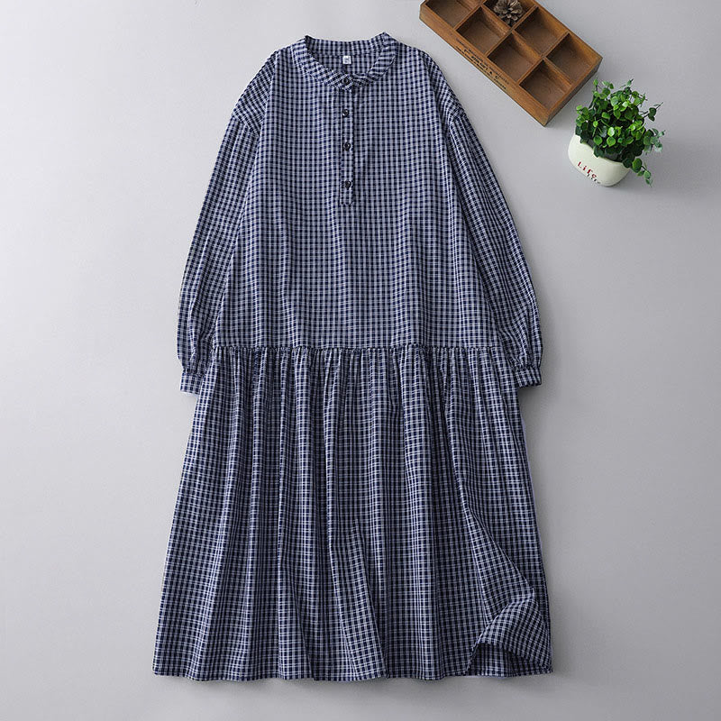 Buddha Stones Casual Plaid Buttons Lantern Long Sleeve Cotton Midi Dress - DarkBlue - US14，UK/AU18，EU46 (2XL) - image 11