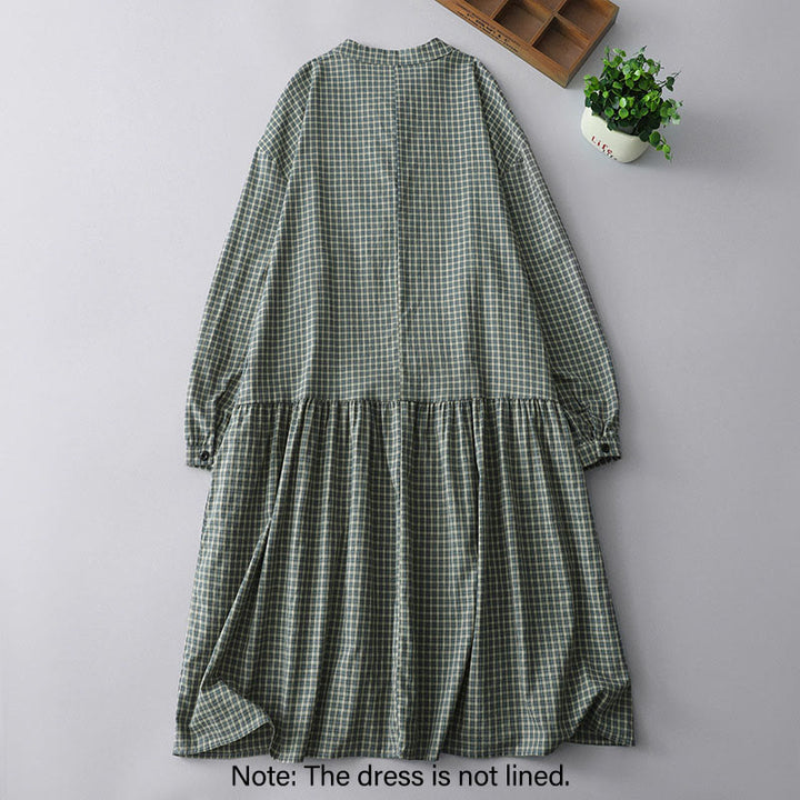 Buddha Stones Casual Plaid Buttons Lantern Long Sleeve Cotton Midi Dress - image 1