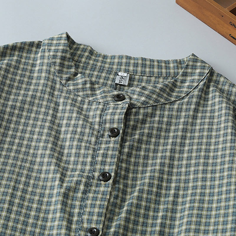 Buddha Stones Casual Plaid Buttons Lantern Long Sleeve Cotton Midi Dress - image 2