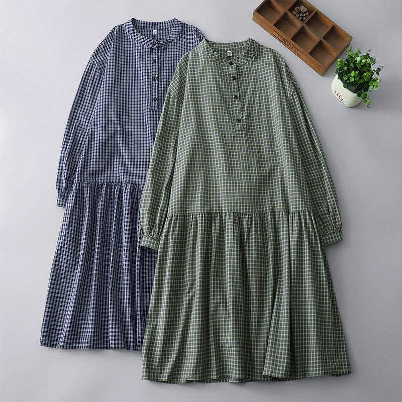 Buddha Stones Casual Plaid Buttons Lantern Long Sleeve Cotton Midi Dress - image 17
