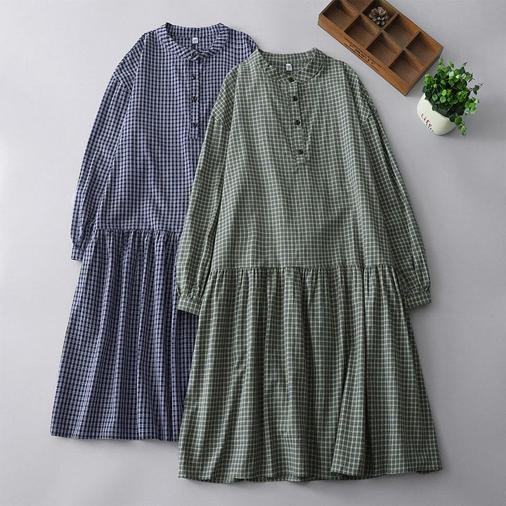 Buddha Stones Casual Plaid Buttons Lantern Long Sleeve Cotton Midi Dress - image 17