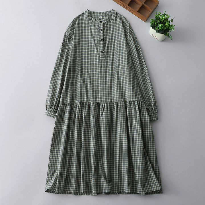 Buddha Stones Casual Plaid Buttons Lantern Long Sleeve Cotton Midi Dress - MediumSeaGreen - US14，UK/AU18，EU46 (2XL) - image 0