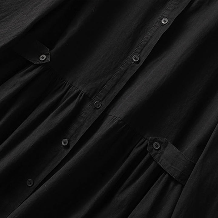 Buddha Stones Casual Plaid Pleats Buttons Design Long Sleeve Cotton Midi Dress With Pockets - image 21