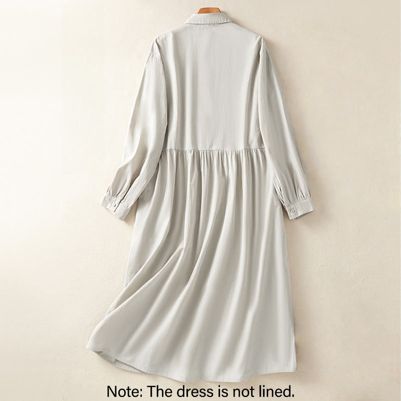 Buddha Stones Casual Plaid Pleats Buttons Design Long Sleeve Cotton Midi Dress With Pockets - image 1