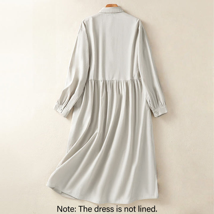 Buddha Stones Casual Plaid Pleats Buttons Design Long Sleeve Cotton Midi Dress With Pockets - image 1