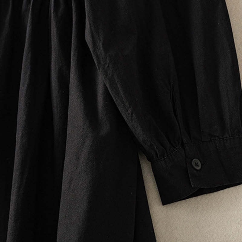 Buddha Stones Casual Plaid Pleats Buttons Design Long Sleeve Cotton Midi Dress With Pockets - image 23