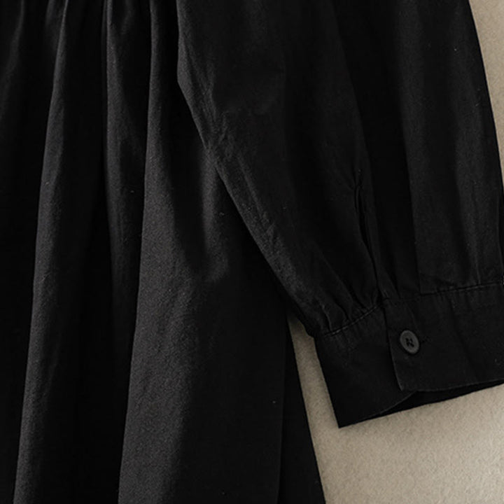 Buddha Stones Casual Plaid Pleats Buttons Design Long Sleeve Cotton Midi Dress With Pockets - image 23