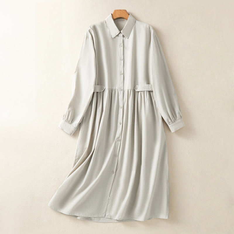 Buddha Stones Casual Plaid Pleats Buttons Design Long Sleeve Cotton Midi Dress With Pockets - Beige - US8-10，UK/AU12-14，EU40-42 (2XL) - image 0