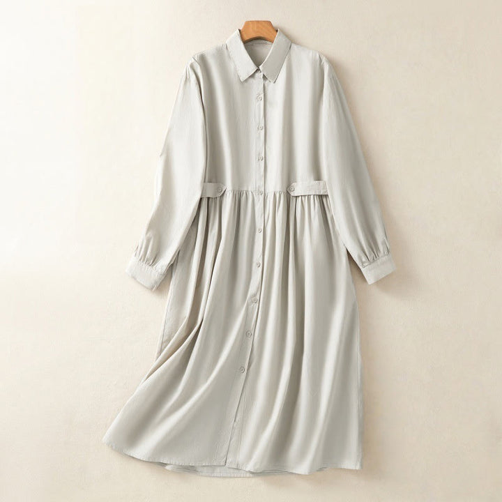 Buddha Stones Casual Plaid Pleats Buttons Design Long Sleeve Cotton Midi Dress With Pockets - Beige - US8-10，UK/AU12-14，EU40-42 (2XL) - image 0