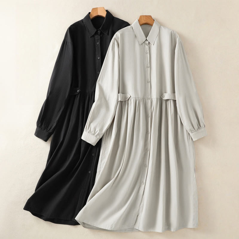 Buddha Stones Casual Plaid Pleats Buttons Design Long Sleeve Cotton Midi Dress With Pockets - image 25
