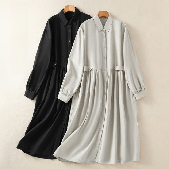 Buddha Stones Casual Plaid Pleats Buttons Design Long Sleeve Cotton Midi Dress With Pockets - image 25