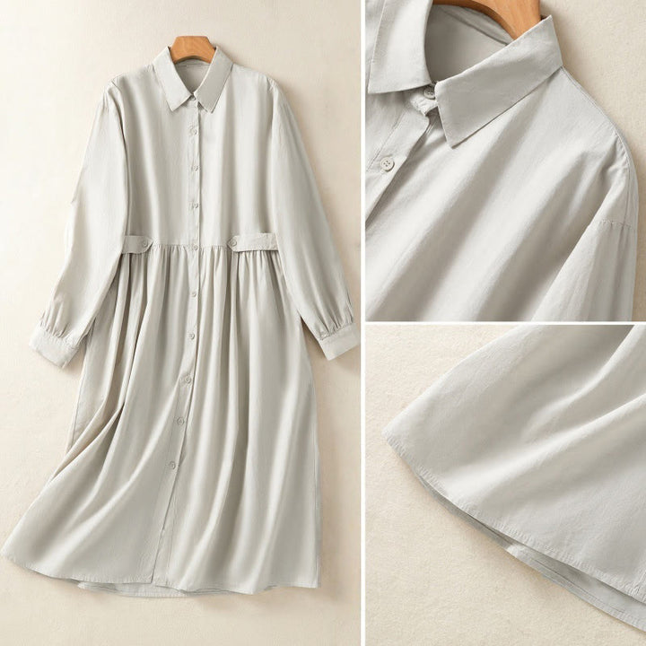 Buddha Stones Casual Plaid Pleats Buttons Design Long Sleeve Cotton Midi Dress With Pockets - image 14