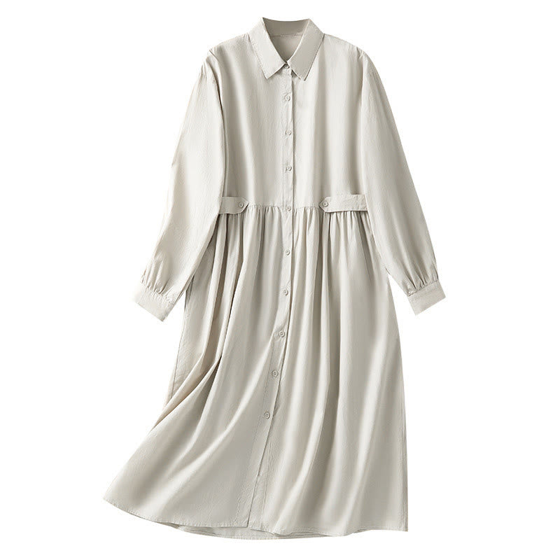 Buddha Stones Casual Plaid Pleats Buttons Design Long Sleeve Cotton Midi Dress With Pockets - image 15