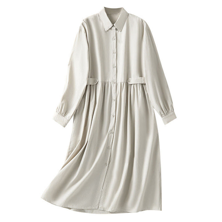 Buddha Stones Casual Plaid Pleats Buttons Design Long Sleeve Cotton Midi Dress With Pockets - image 15